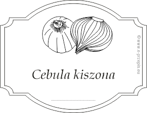 Rysunek cebuli całej i przekrojonej na pół w obwódce o formie etykiety z napisem Cebula kiszona