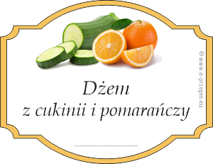 Zdjęcie cukinii z pomarańczami w obramowaniu z napisem Dżem z cukinii i pomarańczy