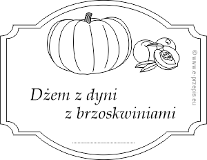 Rysunek dyni i brzoskwiń z napisem Dżem z dyni z brzoskwiniami