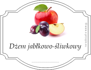 Etykieta ze zdjęciem jabłka i śliwek w obwódce i napisem Dżem jabłkowo-śliwkowy