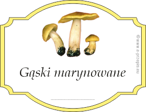 Zdjęcie trzech grzybów gąsek w żółtym obramowaniu z napisem Gąski marynowane