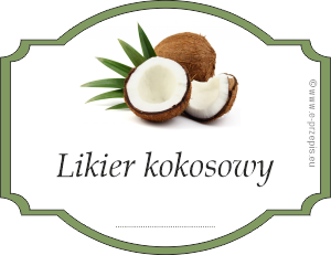 Zdjęcie orzechów kokosowych w obwódce w formie etykiety z napisem Likier kokosowy