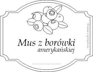 Rysunek borówki amerykańskiej z napisem Mus z borówki amerykańskiej w ozdobnym obramowaniu.