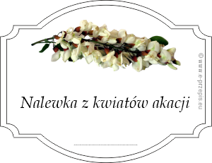 W obwódce półokrągłej kwiat akacji i napis Nalewka z kwiatów akacji