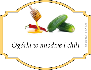 Zdjęcie ogórków, miodu i papryki chili z napisem i w obwódce