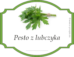 Zdjęcie wiązki liści lubczyka i napis Pesto z lubczyka