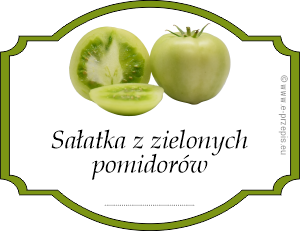 Zdjęcie pomidora całego i przekrojonego w obwódce z napisem Sałatka z zielonych pomidorów
