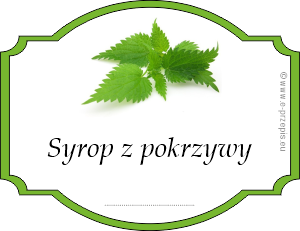 Etykieta kolorowa z obramowaniem, zdjęcie zielonej pokrzywy i napis Syrop z pokrzywy