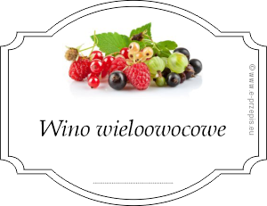 Zdjęcie różnych owoców w obwódce w formie etykiety z napisem Wino wieloowocowe