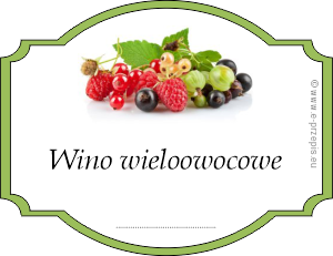 Zdjęcie różnych owoców w obwódce w formie etykiety z napisem Wino wieloowocowe