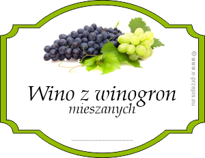 W ozdobnym obramowaniu zdjęcie winogron ciemnych i jasnych z podpisem wino z winogron mieszanych